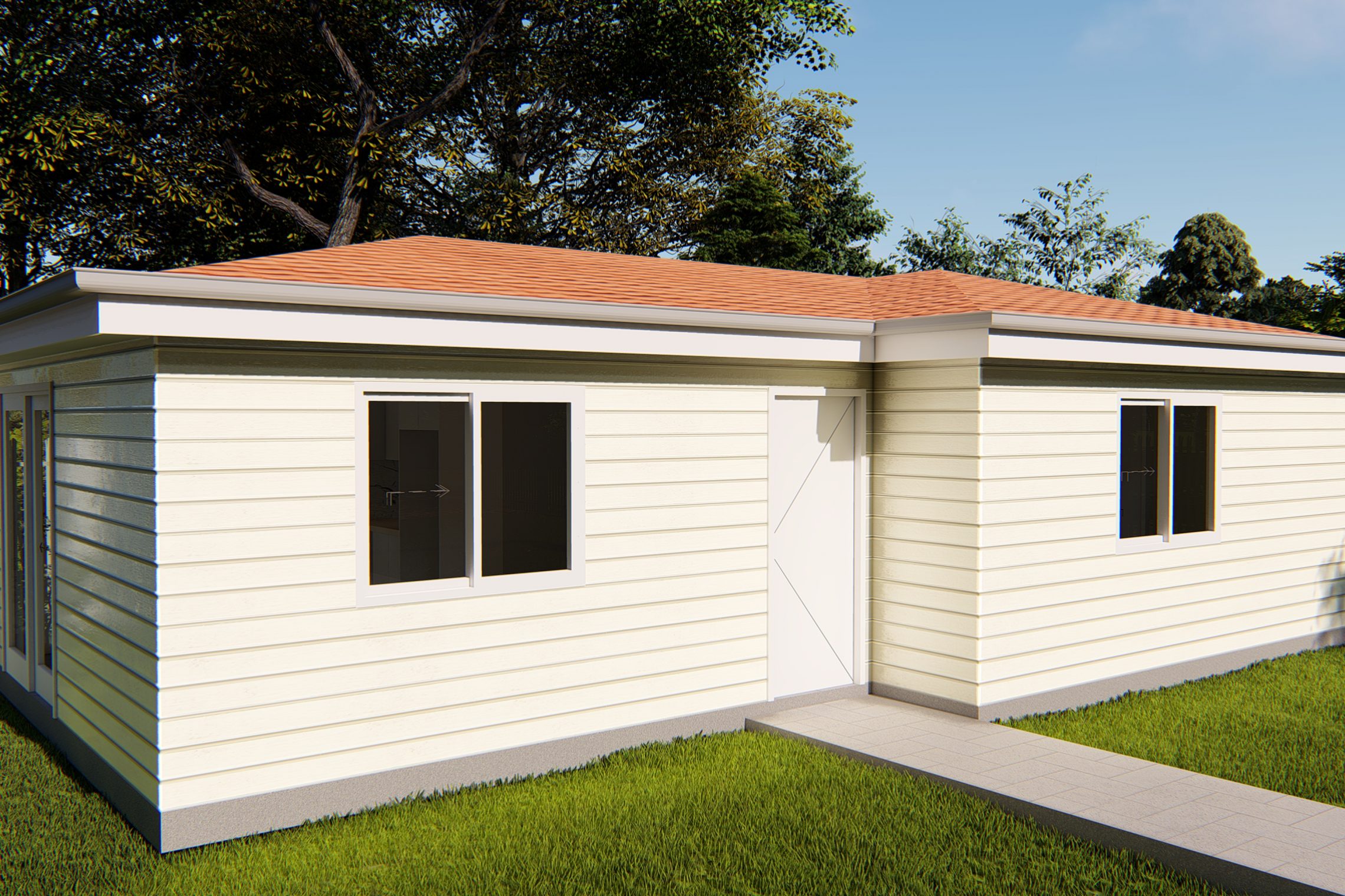 Small walkway leading up to small entry point of granny flat